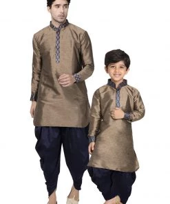 Vastramay Silk Blend Bronze And Navy Blue Baap Beta Dhoti Kurta Set