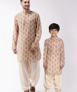 Vastramay Multicolor-Base-Beige And Cream Baap Beta Kurta And Patiala Set