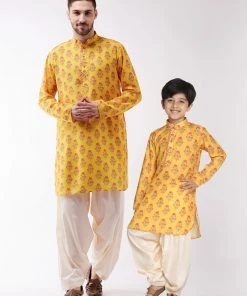 Vastramay Multicolor-Base-Mustard And Cream Baap Beta Kurta And Patiala Set