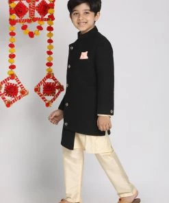 JBN Creation Boys Black Indo Western Jacket With Kurta And Pyjama Set