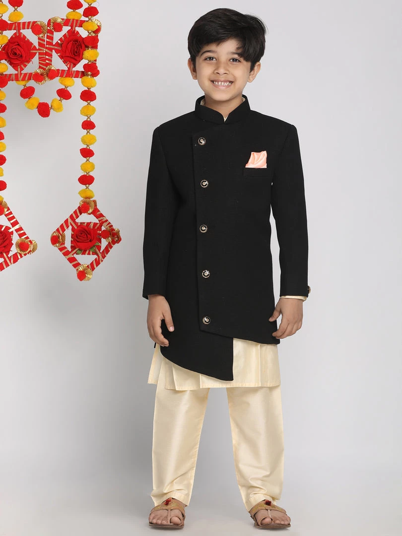 JBN Creation Boys Black Indo Western Jacket With Kurta And Pyjama Set 3 JBN Creation Boys Black Indo Western Jacket With Kurta And Pyjama Set