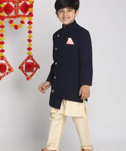 JBN Creation Boys Blue Indo Western Jacket With Kurta And Pyjama Set