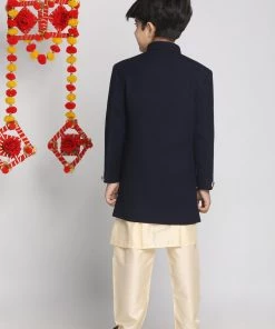 JBN Creation Boys Blue Indo Western Jacket With Kurta And Pyjama Set