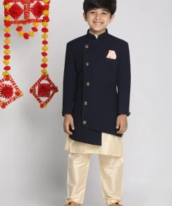 JBN Creation Boys Blue Indo Western Jacket With Kurta And Pyjama Set