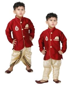 JBN Creation VASTRAMAY Boys' Maroon Cotton Silk Sherwani With Gold Dhoti And Breedges Buy 1 Get 1