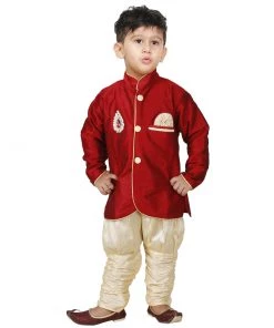 JBN Creation VASTRAMAY Boys' Maroon Cotton Silk Sherwani With Gold Dhoti And Breedges Buy 1 Get 1