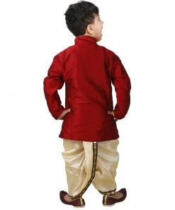 JBN Creation VASTRAMAY Boys' Maroon Cotton Silk Sherwani With Gold Dhoti And Breedges Buy 1 Get 1