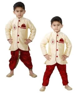 JBN Creation Boys' Cream Cotton Silk Kurta And Pyjama Set