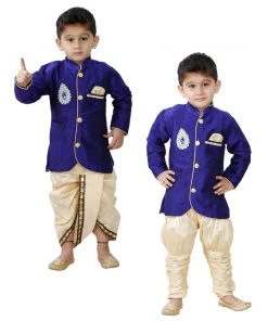 JBN Creation VASTRAMAY Boys' Blue Cotton Silk Sherwani And Gold Dhoti Pants & Breedges Pants Buy 1 Get 1