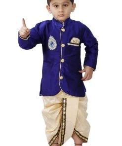 JBN Creation VASTRAMAY Boys' Blue Cotton Silk Sherwani And Gold Dhoti Pants & Breedges Pants Buy 1 Get 1