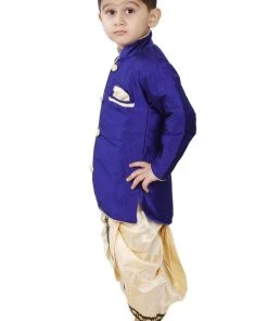 JBN Creation VASTRAMAY Boys' Blue Cotton Silk Sherwani And Gold Dhoti Pants & Breedges Pants Buy 1 Get 1