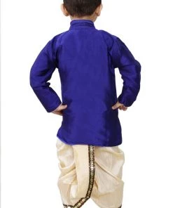 JBN Creation VASTRAMAY Boys' Blue Cotton Silk Sherwani And Gold Dhoti Pants & Breedges Pants Buy 1 Get 1