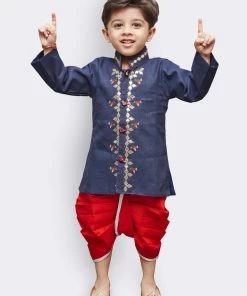 JBN Creation Boys' Blue Linen Kurta And Dhoti Pant Set