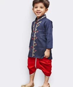 JBN Creation Boys' Blue Linen Kurta And Dhoti Pant Set