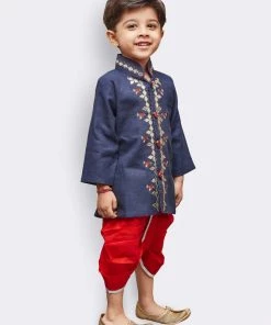 JBN Creation Boys' Blue Linen Kurta And Dhoti Pant Set