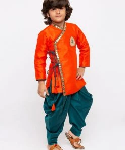 JBN Creation Boys' Orange Cotton Silk Kurta And Dhoti Pant Set