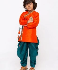 JBN Creation Boys' Orange Cotton Silk Kurta And Dhoti Pant Set