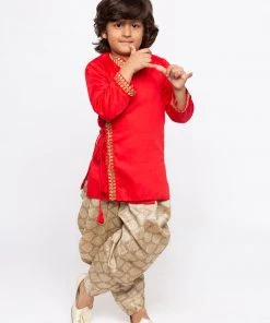 JBN Creation Boys' Red Cotton Kurta And Dhoti Pant Set