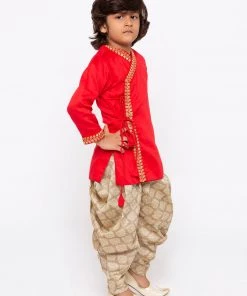 JBN Creation Boys' Red Cotton Kurta And Dhoti Pant Set