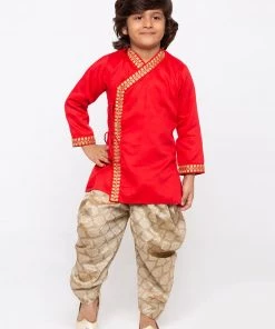 JBN Creation Boys' Red Cotton Kurta And Dhoti Pant Set