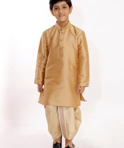JBN Creation Boys' Gold Silk Blend Embroidered Dhoti