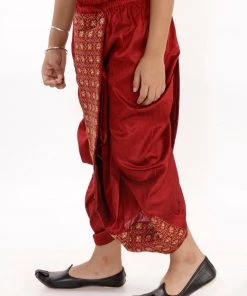 JBN Creation Boys' Maroon Silk Blend Embroidered Dhoti