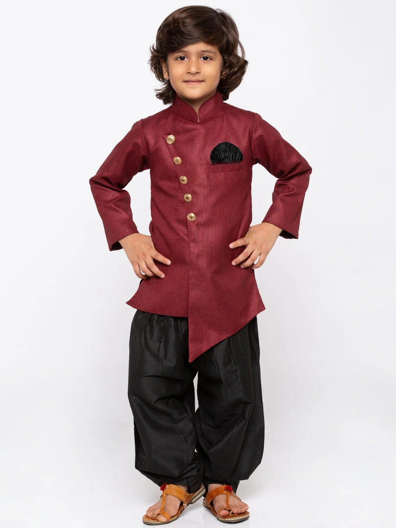 JBN Creation Boys' Maroon Cotton Silk Sherwani And Churidar Set 3 JBN Creation Boys' Maroon Cotton Silk Sherwani And Churidar Set