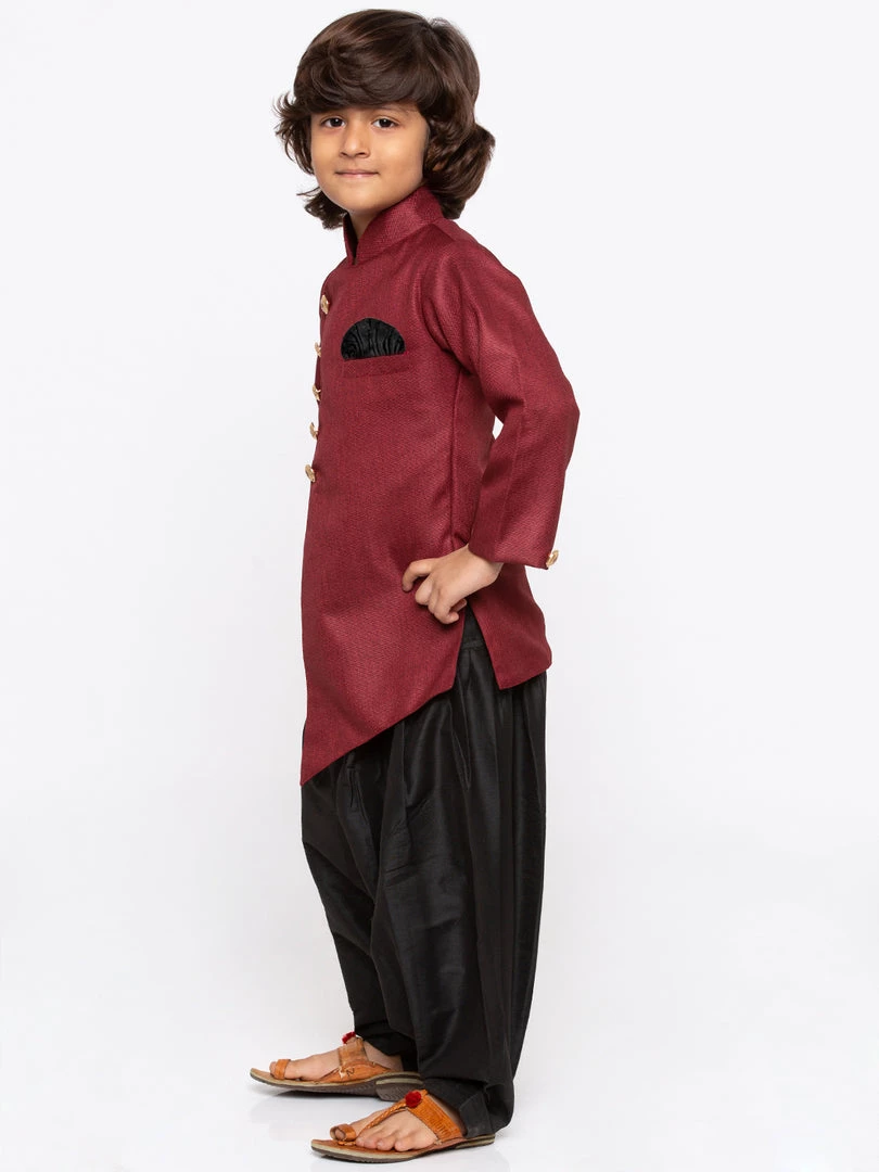 JBN Creation Boys' Maroon Cotton Silk Sherwani And Churidar Set 4 JBN Creation Boys' Maroon Cotton Silk Sherwani And Churidar Set