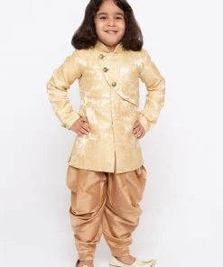 JBN Creation Boys' Beige Cotton Silk Sherwani And Churidar Set