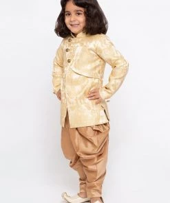 JBN Creation Boys' Beige Cotton Silk Sherwani And Churidar Set