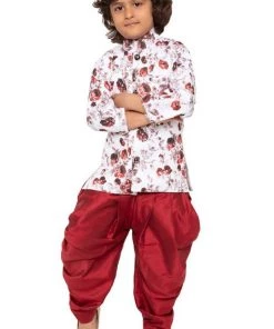 JBN Creation Boys' Maroon Cotton Silk Kurta And Dhoti Set
