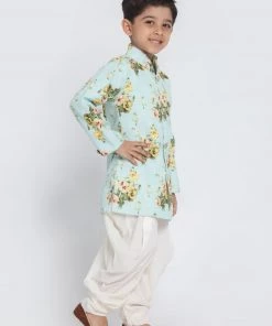 JBN Creation Boys' Light Green Cotton Silk Sherwani And Dhoti Set