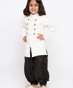 JBN Creation Boys' White Cotton Silk Sherwani And Dhoti Set