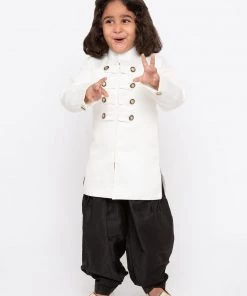 JBN Creation Boys' White Cotton Silk Sherwani And Dhoti Set