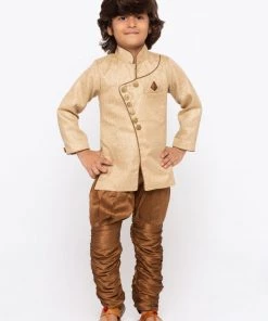 JBN Creation Boys' Brown Cotton Silk Sherwani And Churidar Set