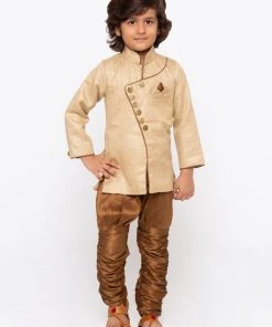 JBN Creation Boys' Brown Cotton Silk Sherwani And Churidar Set