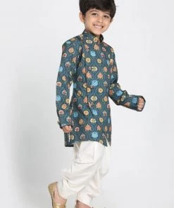 Vastramay Boys Deep Blue Cotton Silk Blend Kurta And Dhoti Pant Set