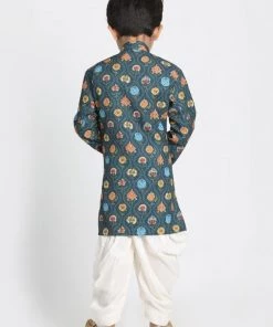 Vastramay Boys Deep Blue Cotton Silk Blend Kurta And Dhoti Pant Set