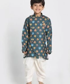 Vastramay Boys Deep Blue Cotton Silk Blend Kurta And Dhoti Pant Set