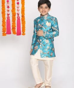 VASTRAMAY Boys' Multicolored-Base-Turquoise Indowestern Set