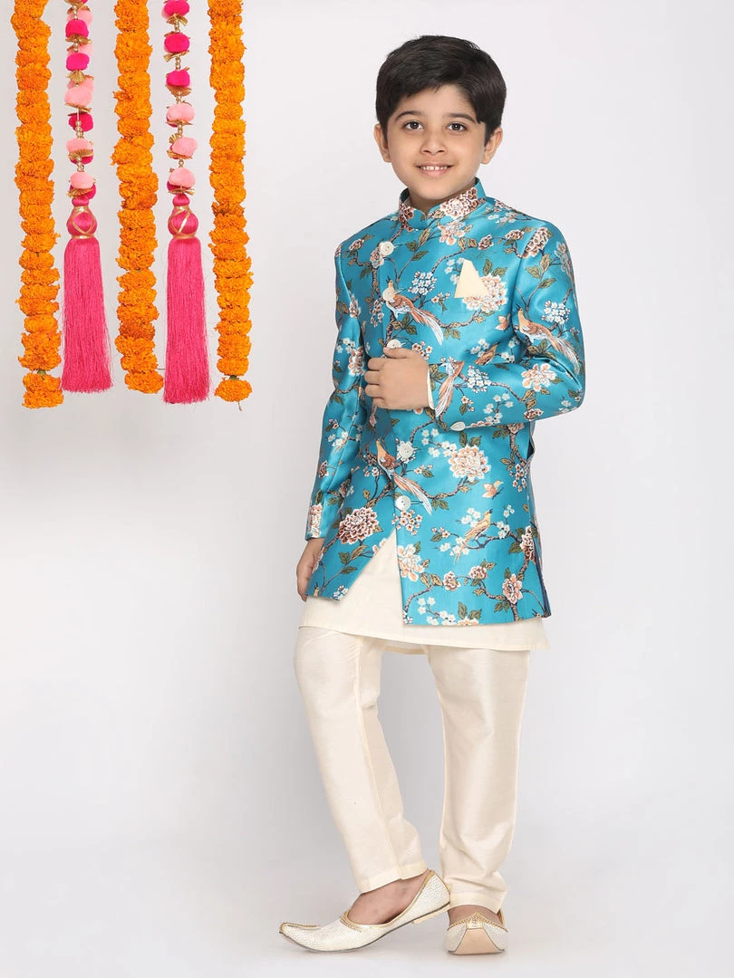 VASTRAMAY Boys' Multicolored-Base-Turquoise Indowestern Set 3 VASTRAMAY Boys' Multicolored-Base-Turquoise Indowestern Set