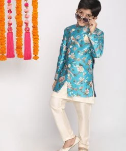 VASTRAMAY Boys' Multicolored-Base-Turquoise Indowestern Set 10 VASTRAMAY Boys' Multicolored-Base-Turquoise Indowestern Set