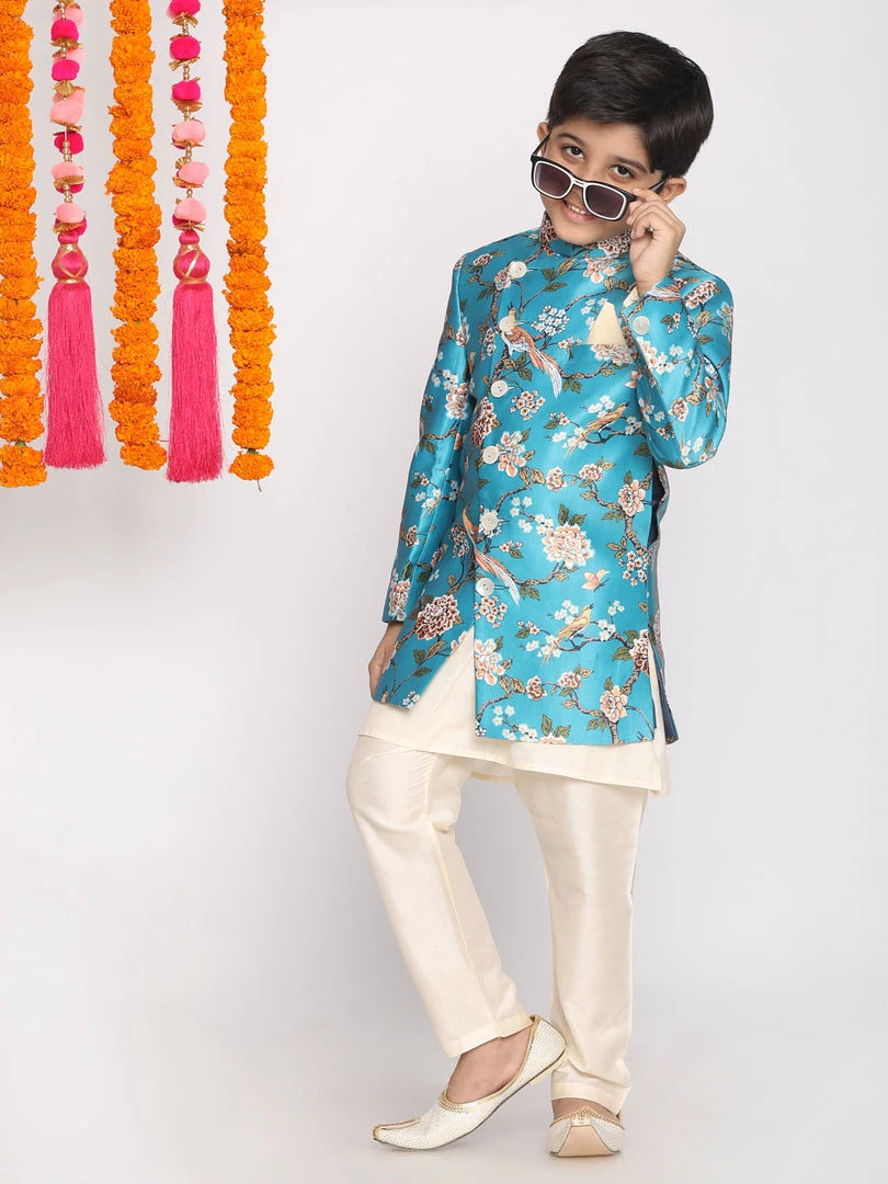 VASTRAMAY Boys' Multicolored-Base-Turquoise Indowestern Set 5 VASTRAMAY Boys' Multicolored-Base-Turquoise Indowestern Set