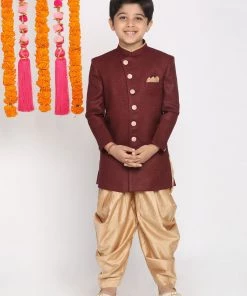 VASTRAMAY Boys Maroon And Rose Gold Indowestern Set