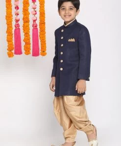 VASTRAMAY Boys Navy Blue And Rose Gold Indowestern Set