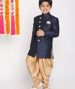 VASTRAMAY Boys Blue And Rose Gold Indowestern Set
