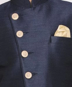 VASTRAMAY Boys Blue And Rose Gold Indowestern Set