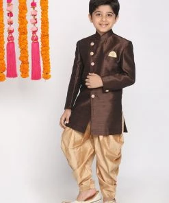 VASTRAMAY Boys Coffee And Rose Gold Indowestern Set