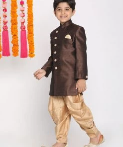 VASTRAMAY Boys Coffee And Rose Gold Indowestern Set