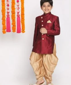 VASTRAMAY Boys Maroon And Rose Gold Indowestern Set